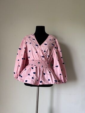 Pink Wrap Peplum Blouse velour Heart cloud print smocked waist balloon sleeve